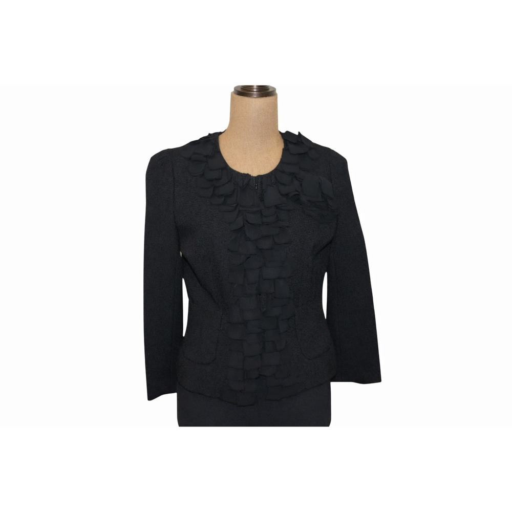 Ann Taylor Ruffle Trim Blazer Womens 4 Black Excellent Textured Hook Eye Jacket